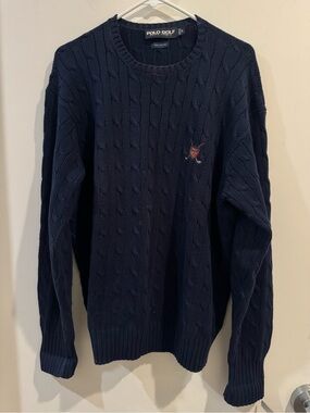 Vintage 90's Polo Ralph Lauren Golf Sweater Blue Cable Knit Crest Size Medium